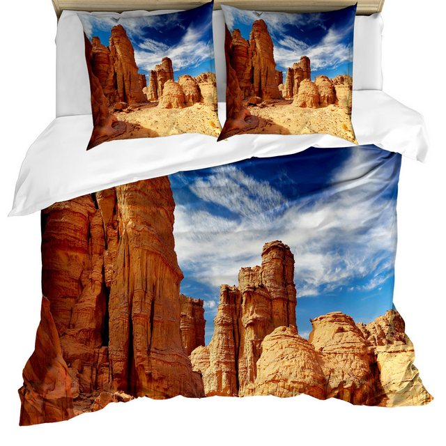 Bild von ABAKUHAUS Wüste Bettbezug Set für Einzelbetten, Bizarre Sandstein-Klippen, Milbensicher Allergiker geeignet mit Kissenbezug, 155 cm x 200 cm - 80 x 80 cm, Marine-Blau-Senf-orange