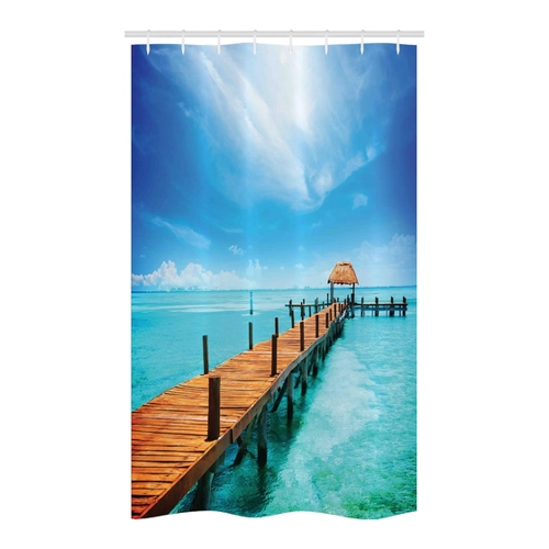 Bild von Abakuhaus Duschvorhang Badezimmer Deko Set – Tropisch Exotische Hawaii Holz Pier