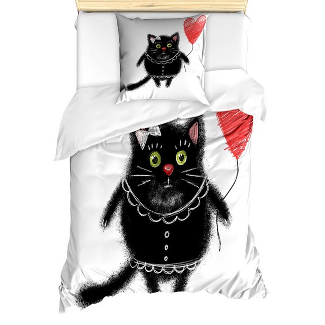 Bild von ABAKUHAUS Kätzchen Bettbezug Set für Einzelbetten, Katze, die Herz-Ballon, Milbensicher Allergiker geeignet mit Kissenbezug, 130 x 200 cm - 70 x 50 cm, Charcoal Grau Dunkel Coral