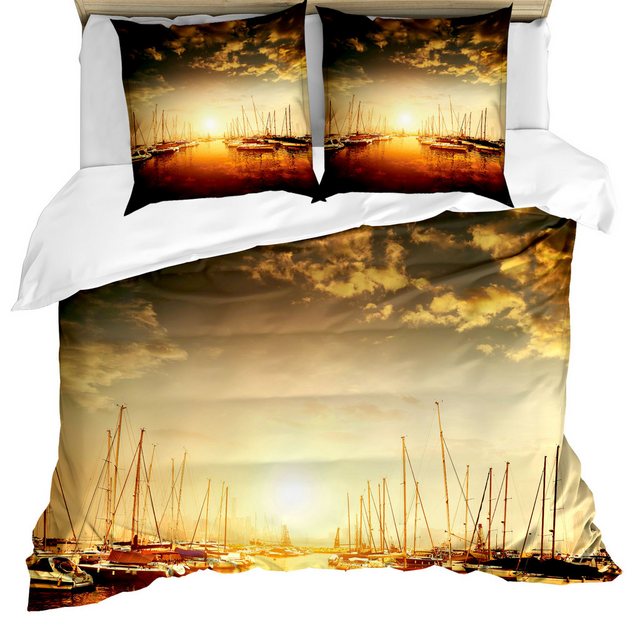 Bild von ABAKUHAUS Marine Bettbezug Set für Einzelbetten, Boote auf dem Pier, Milbensicher Allergiker geeignet mit Kissenbezug, 200 x 200 cm - 70 x 50 cm, Orange Schwarz Blassgelb