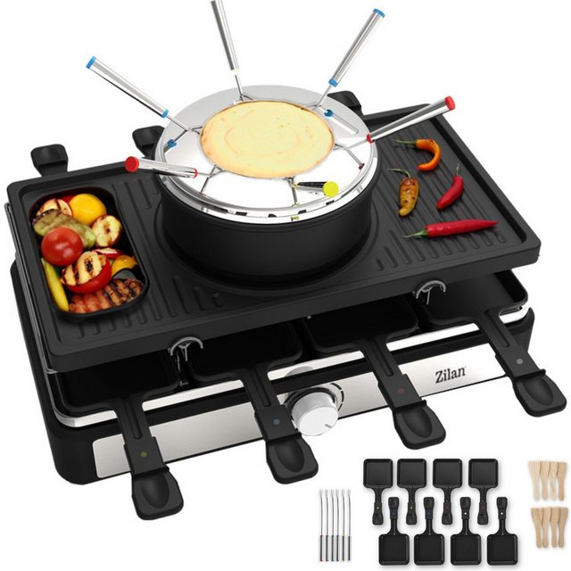 Bild von Raclette Grill mit Fondue Set | Raclette Gerät | 8 Personen | Tischgrill | Party Grill | Elektro Grill | Raclettegrill | Massive Naturstein- und beschichtete Grillplatte | Heizelement aus Edelstahl