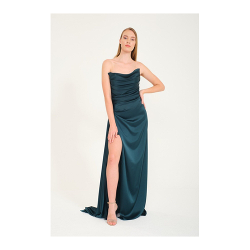 Bild von Carmen Abendkleid aus smaragdgrünem Satin mit Schlitz und Katzenohren für Damen – 38