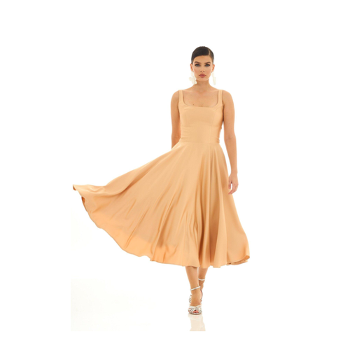 Bild von Carmen Beige Satin-midi-abendkleid – Rückenfreies Kleid für Damen - 40