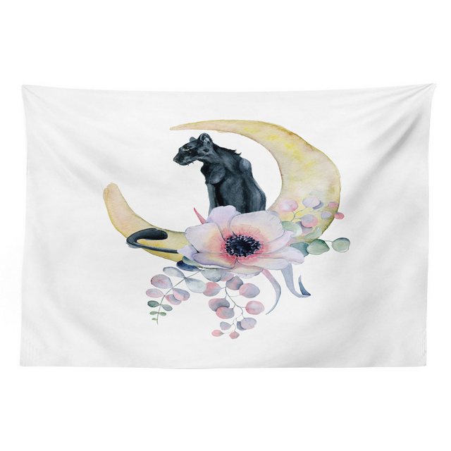 Bild von ABAKUHAUS Panther Wandteppich, Tier auf Blumen Mond-Form, Wohnzimmer Schlafzimmer Heim Seidiges Satin Wandteppich, 150 x 100 cm, Mehrfarbig