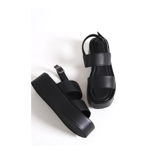 Bild von Capone Outfitters Dicke, Doppelt Geschnürte Keilabsatz-Sandalen in Schwarz für Damen