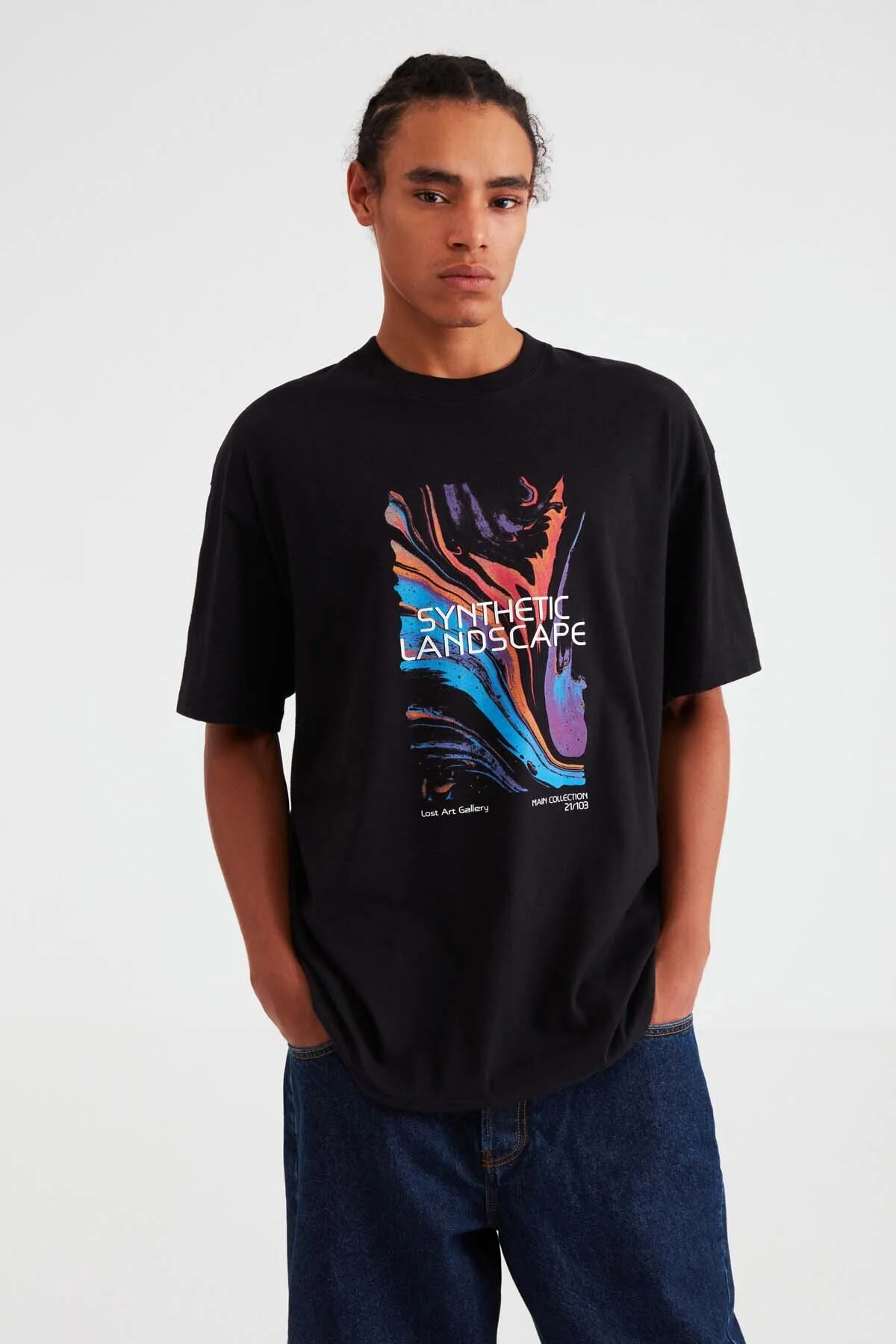 Bild von GRIMELANGE Landscape T-shirt Aus 100 % Bio-baumwolle Mit Druckdetail, Dicker Textur, Übergröße, Schwarz für Herren - XL