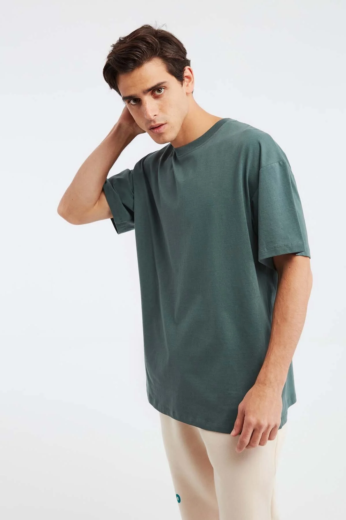 Bild von GRIMELANGE Jett T-shirt In Übergröße, 100 % Bio-baumwolle, Dunkelgrün, Mit Dickem, Strukturiertem Rundhalsausschnitt für Herren - XL