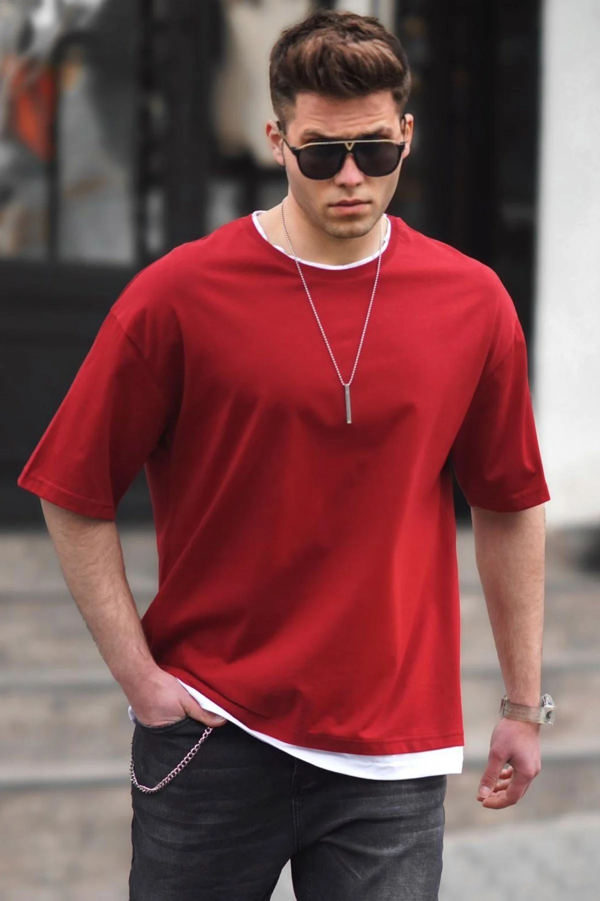 Bild von Madmext Bordeauxrotes Oversize-t-shirt für Herren - XL