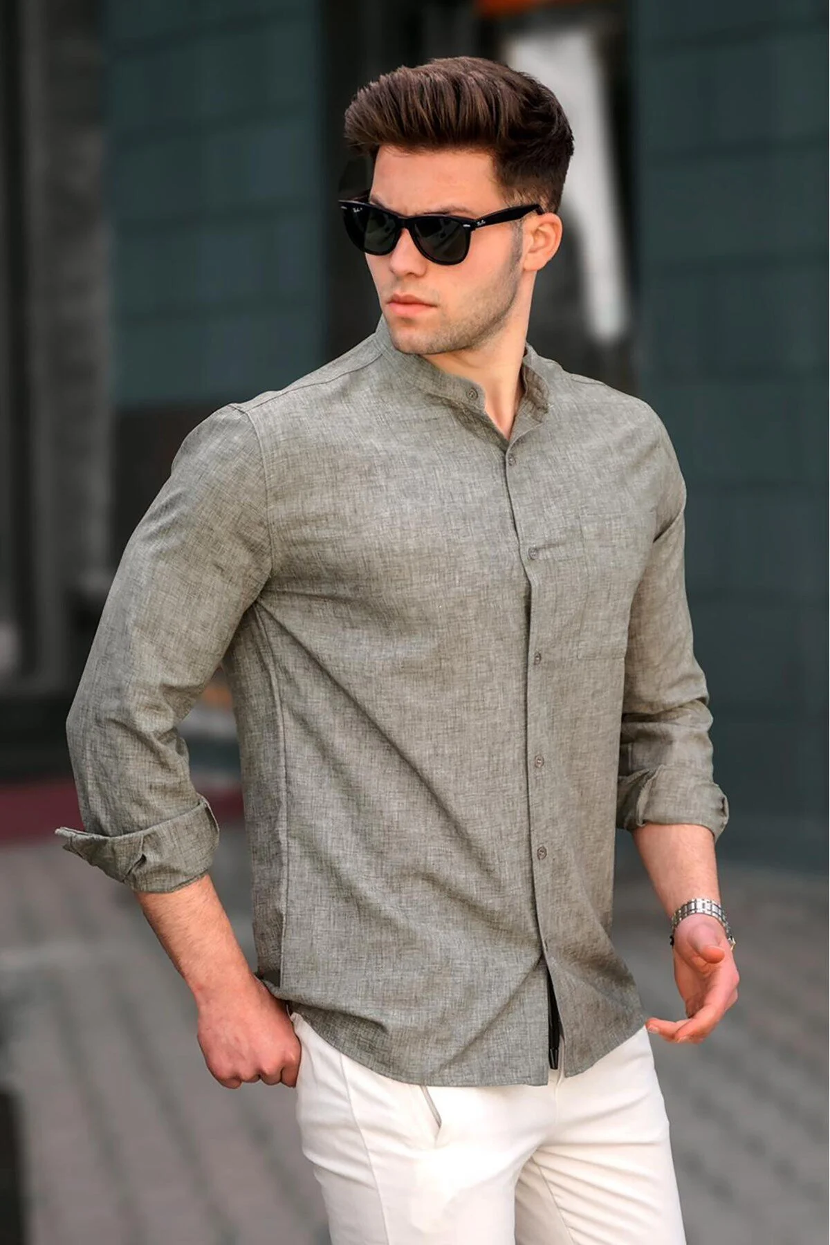 Bild von Madmext Khaki-leinen-langarmhemd für Herren - S