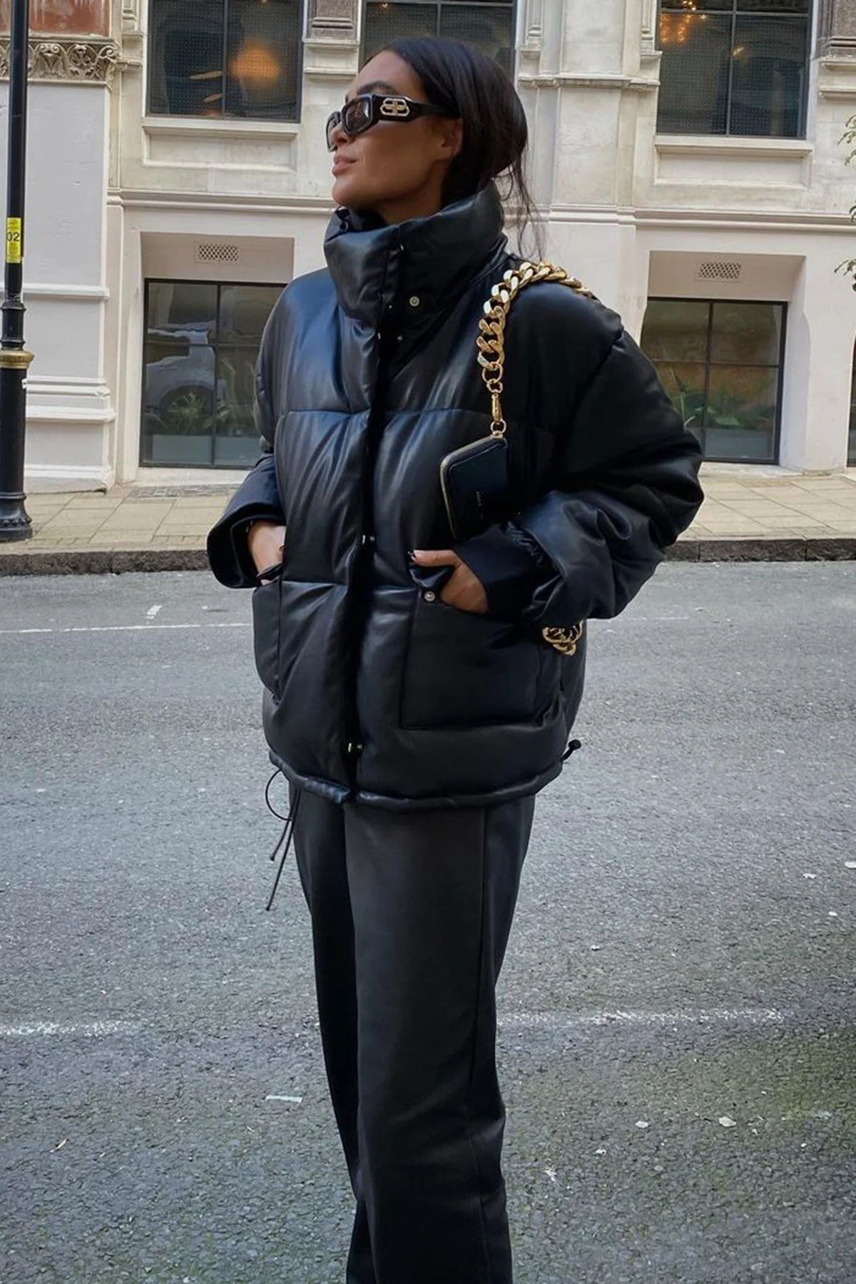 Bild von Madmext Schwarzer Ledermantel Mit Übergroßer Tasche Und Detail für Damen - M