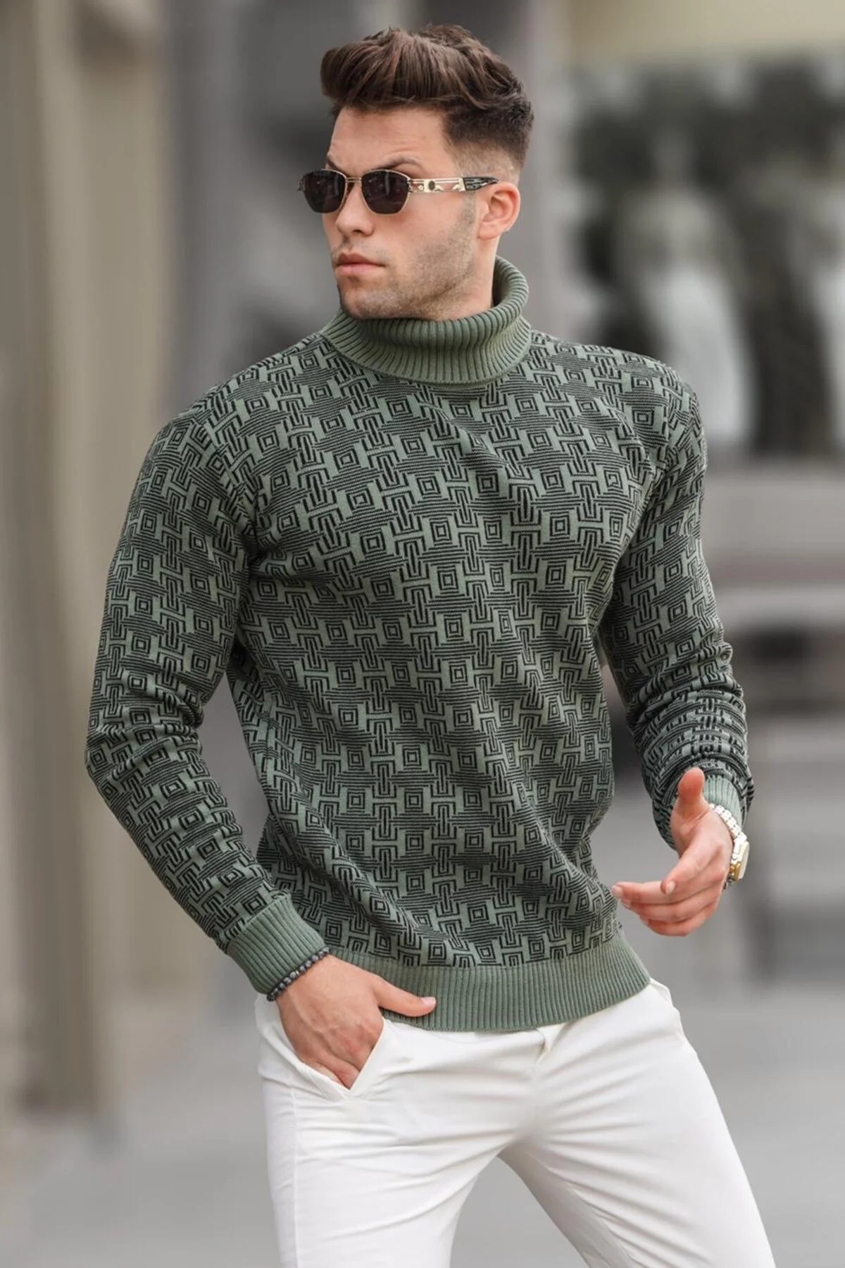 Bild von Madmext Petrolgrün Gemusterter Rollkragenpullover für Herren - L