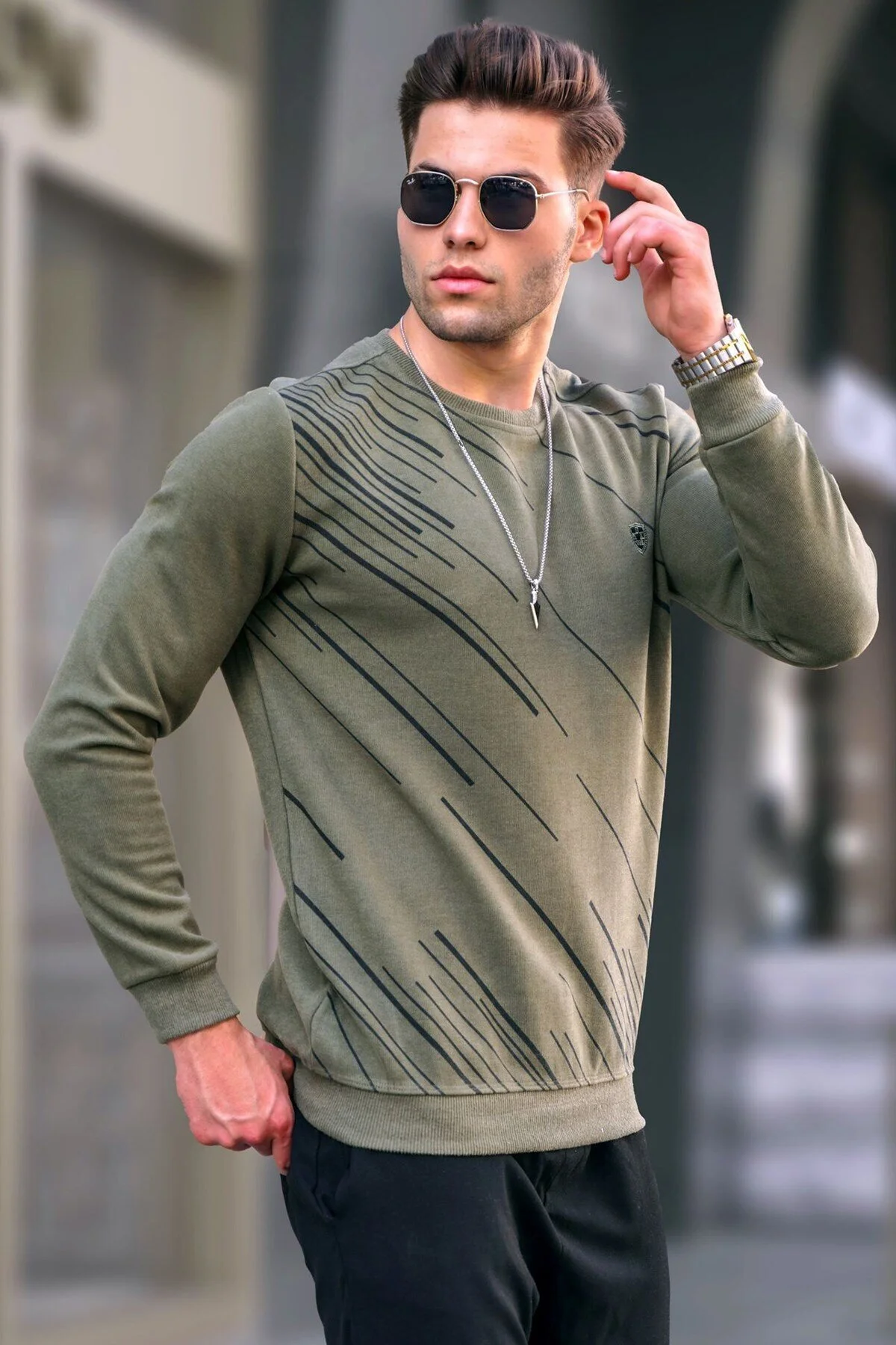 Bild von Madmext Khakifarbener Gemusterter Strickpullover Mit Rundhalsausschnitt für Herren - L
