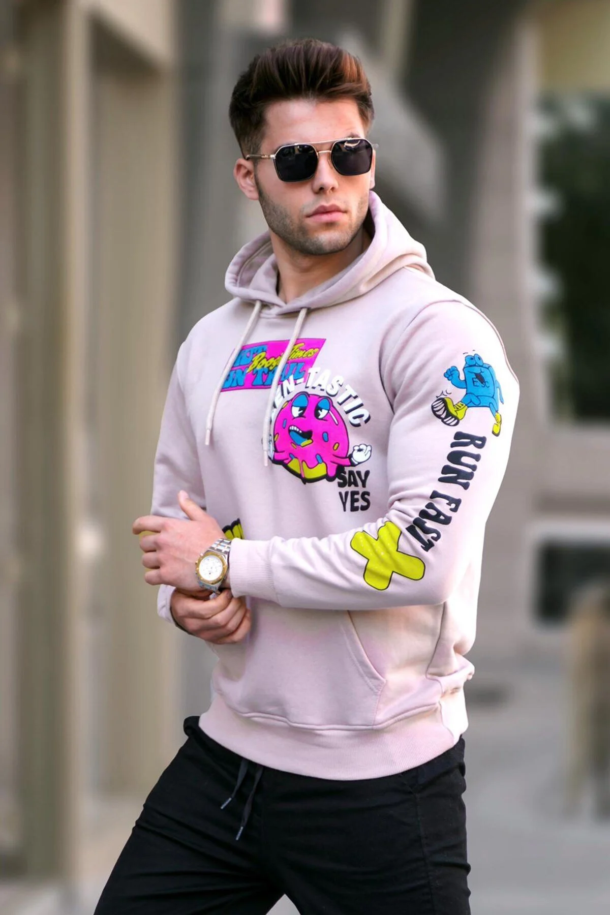 Bild von Madmext Beige Bedrucktes Kapuzen-sweatshirt für Herren - S