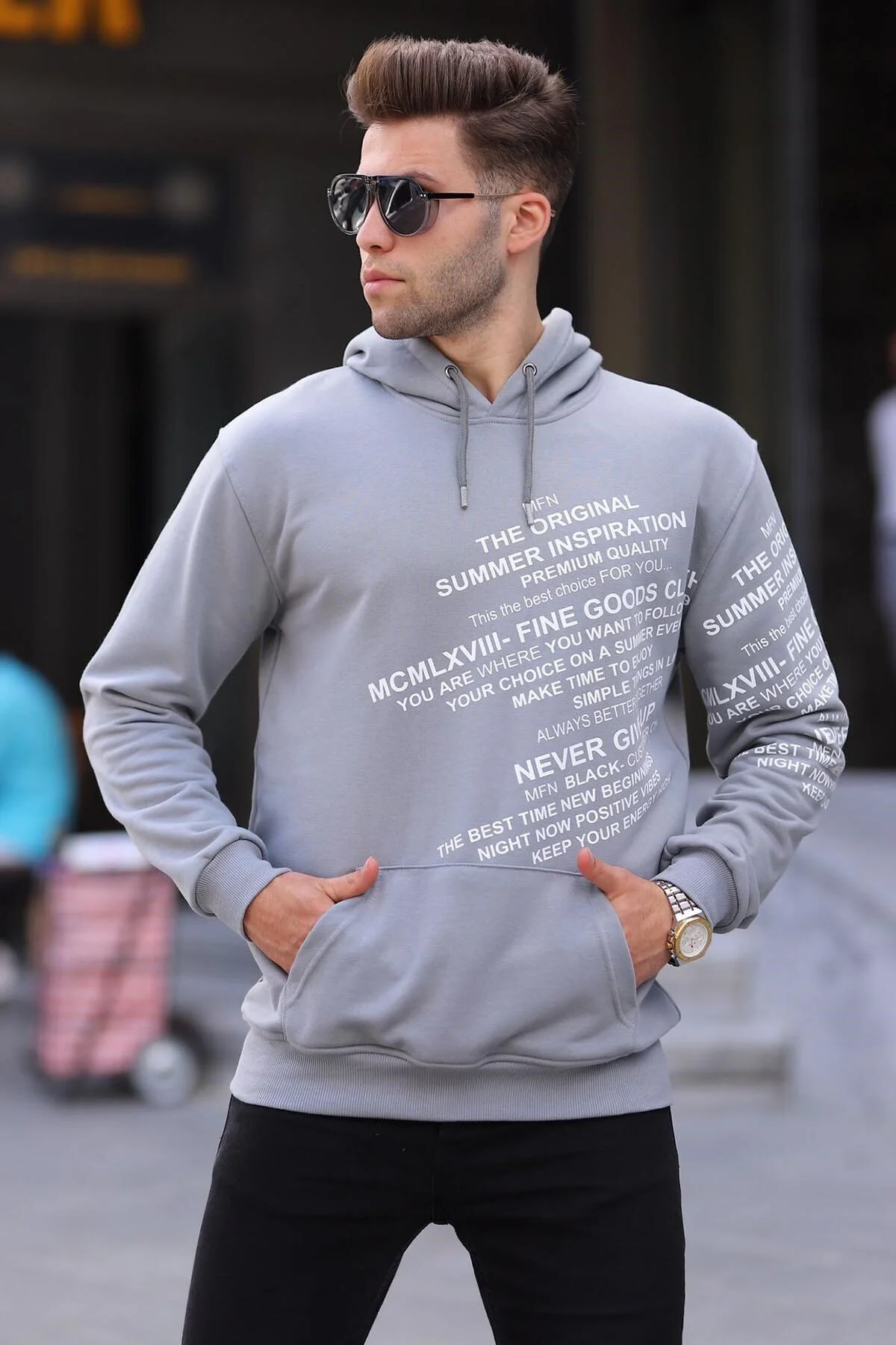Bild von Madmext Gefärbtes Grau Bedrucktes Kapuzen-sweatshirt für Herren - L