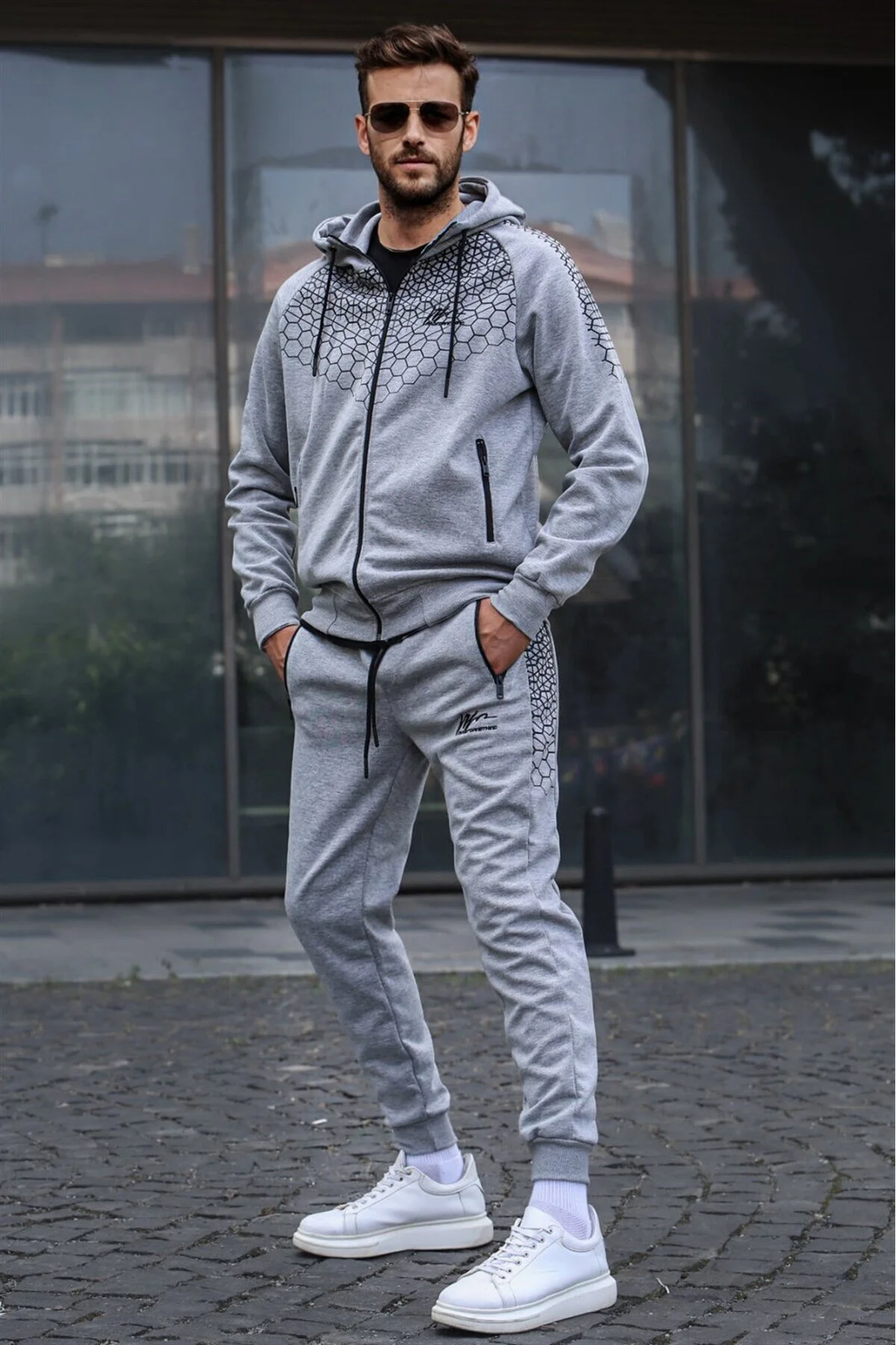 Bild von Madmext Grau Bedrucktes Kapuzen-trainingsanzug-set 5906 für Herren - M