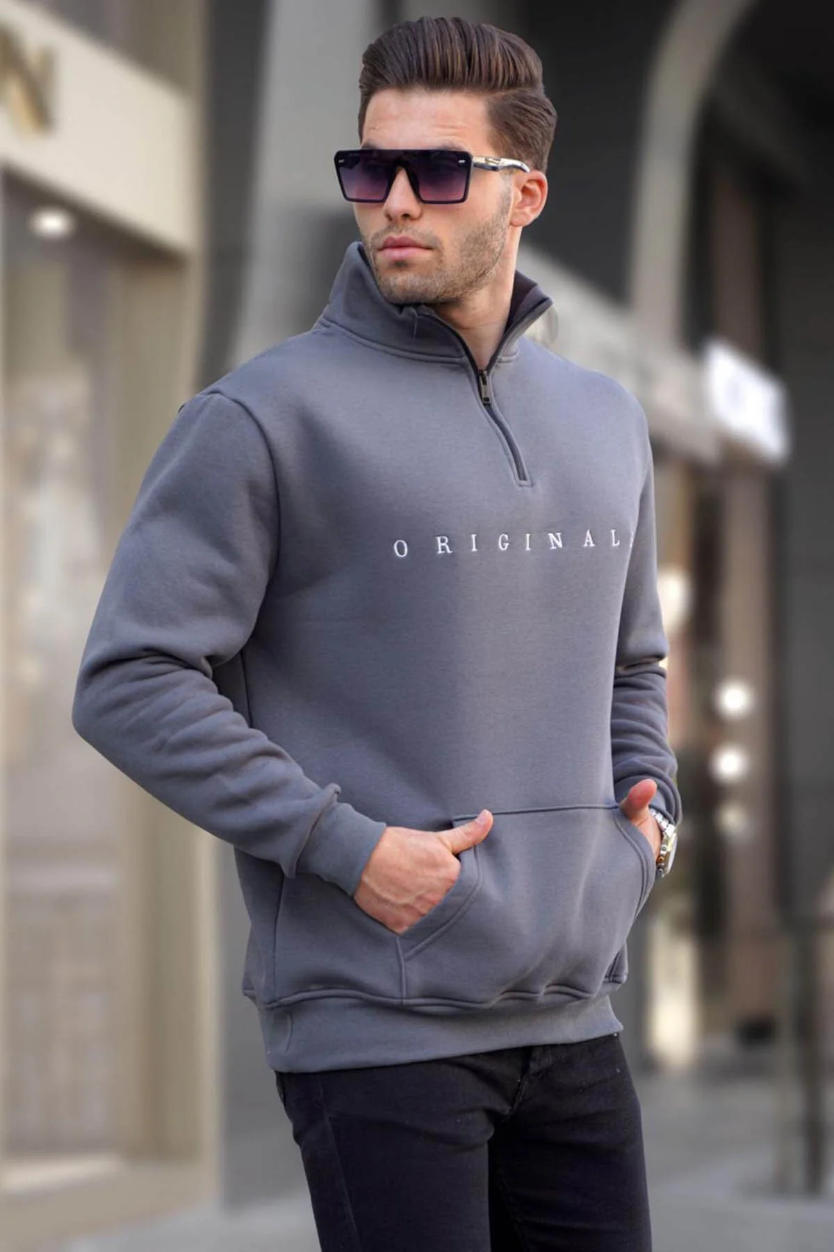 Bild von Madmext Geräuchertes, Besticktes Sweatshirt Mit Reißverschlusskragen 6028 für Herren - S