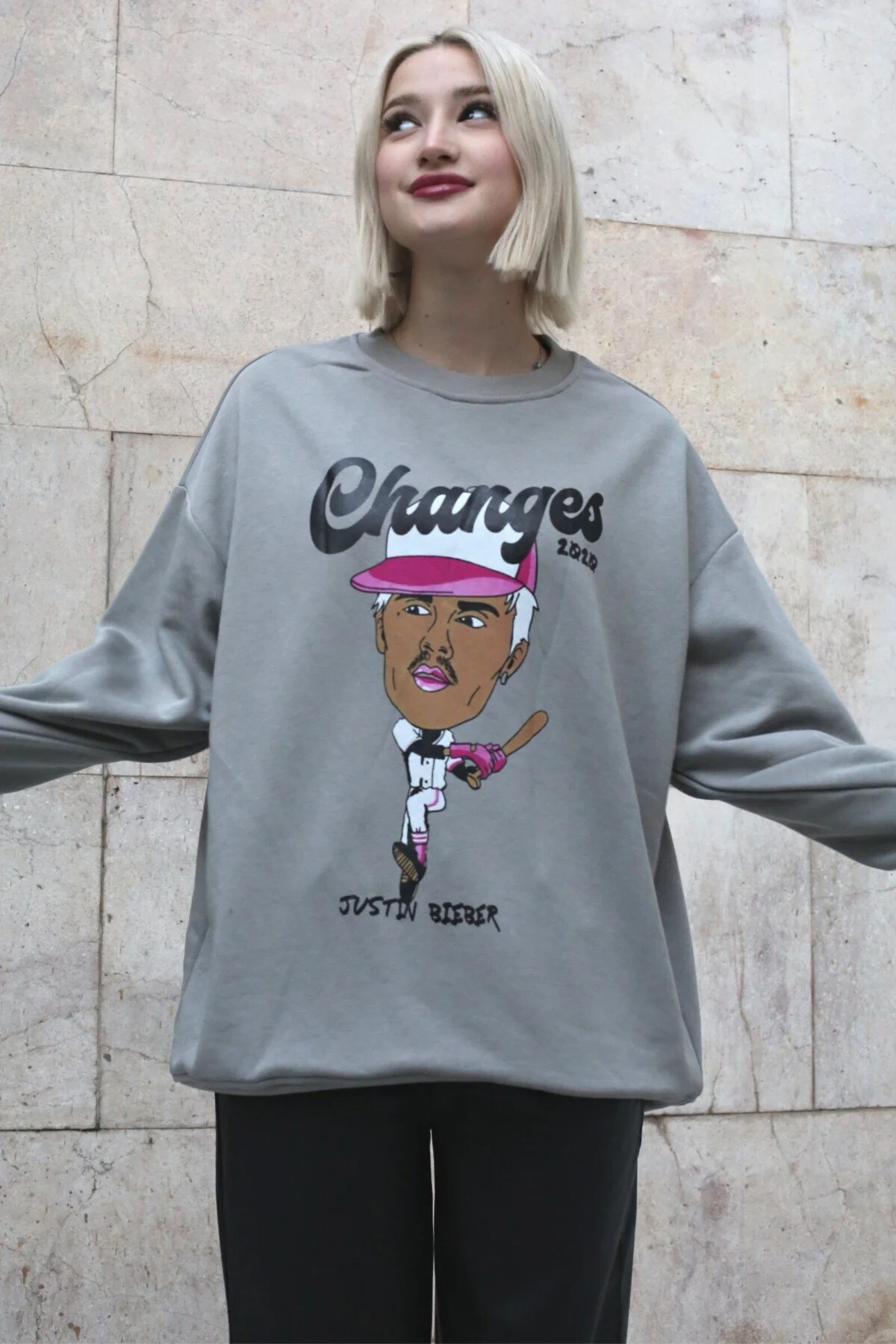 Bild von Madmext Gefärbtes Graues Bedrucktes Oversize-sweatshirt Mg1578 für Damen - S