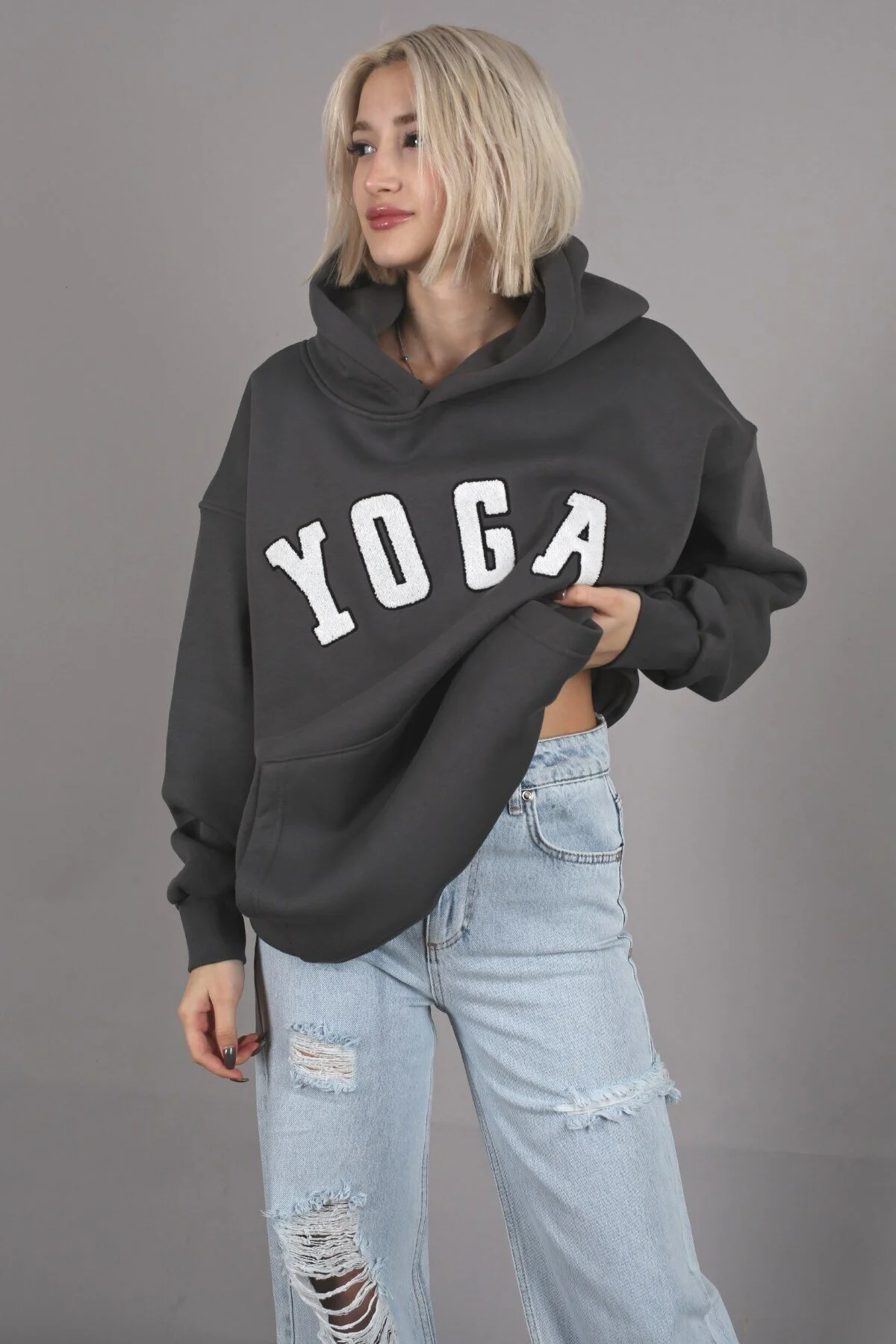 Bild von Madmext Geräuchertes, Besticktes Oversize-kapuzensweatshirt Mg1580 für Damen - S