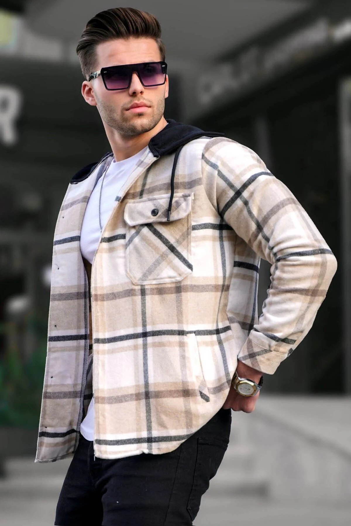 Bild von Madmext Beige Kariertes Holzfällerhemd Mit Kapuze für Herren - S