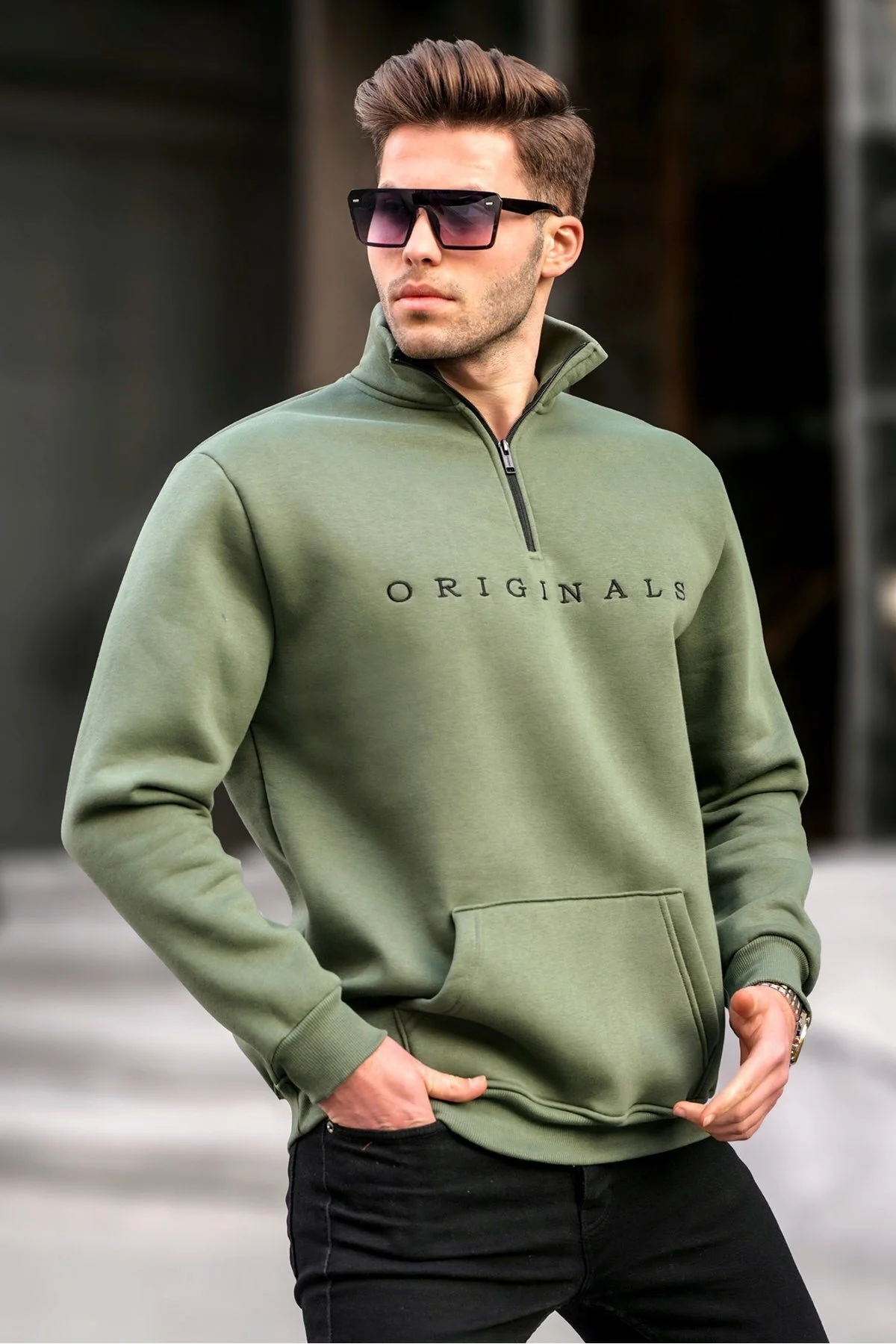 Bild von Madmext Khakifarbenes Sweatshirt Mit Reißverschlusskragen Und Stickerei 6028 für Herren - XL