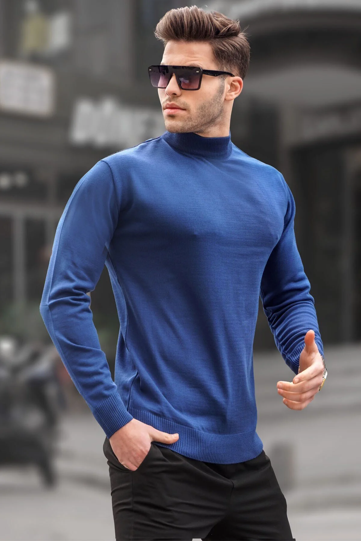 Bild von Madmext Indigo Slim Fit Halber Rollkragenpullover , Strickpullover für Herren - M