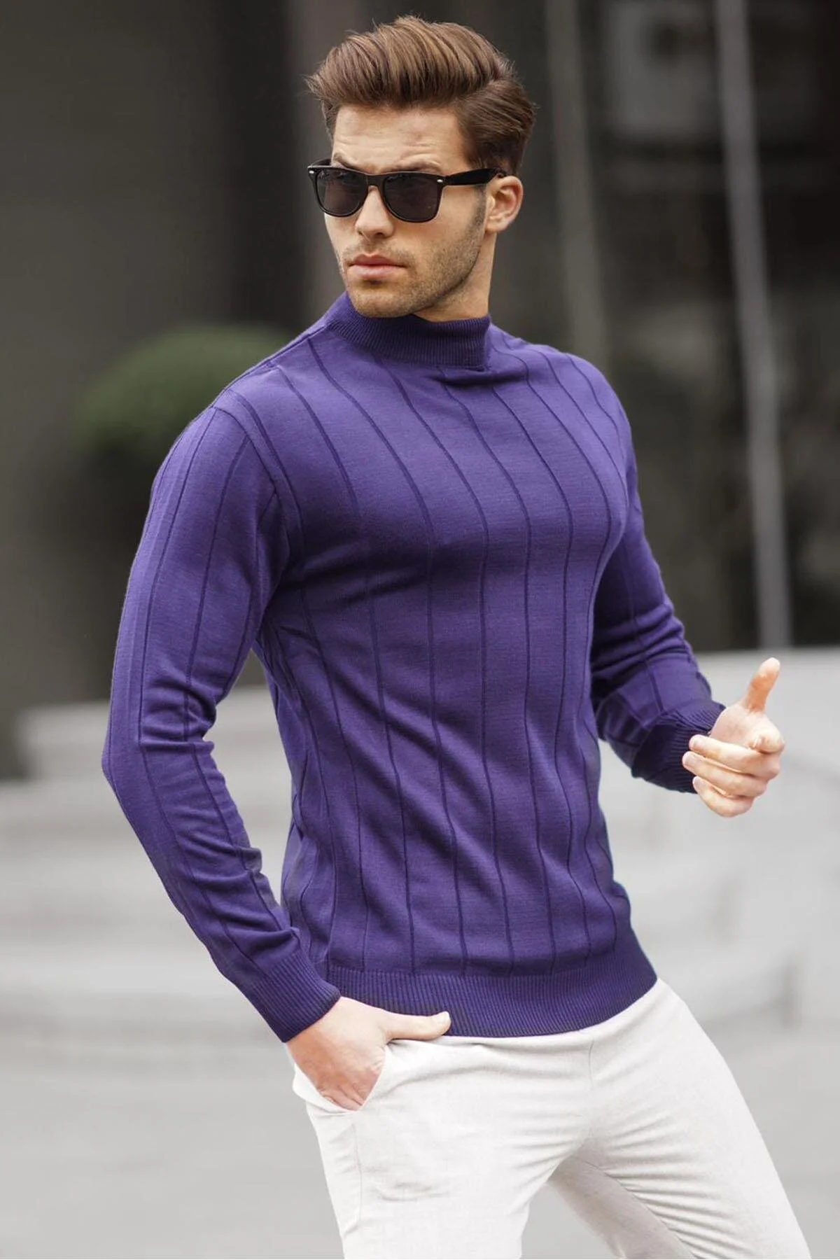 Bild von Madmext Marineblauer Slim Fit Halbrollkragenpullover Mit Streifen Und Anti-pilling Strickpullover für Herren - S