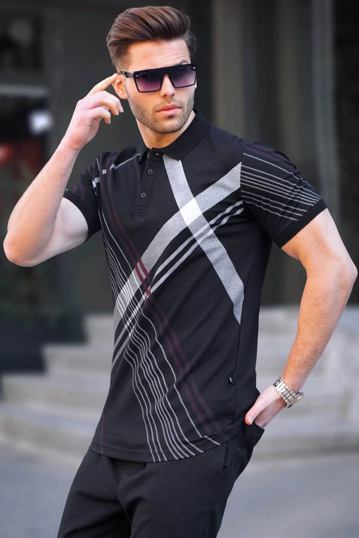 Bild von Madmext Schwarzes Gemustertes T-shirt Mit Polokragen für Herren - S