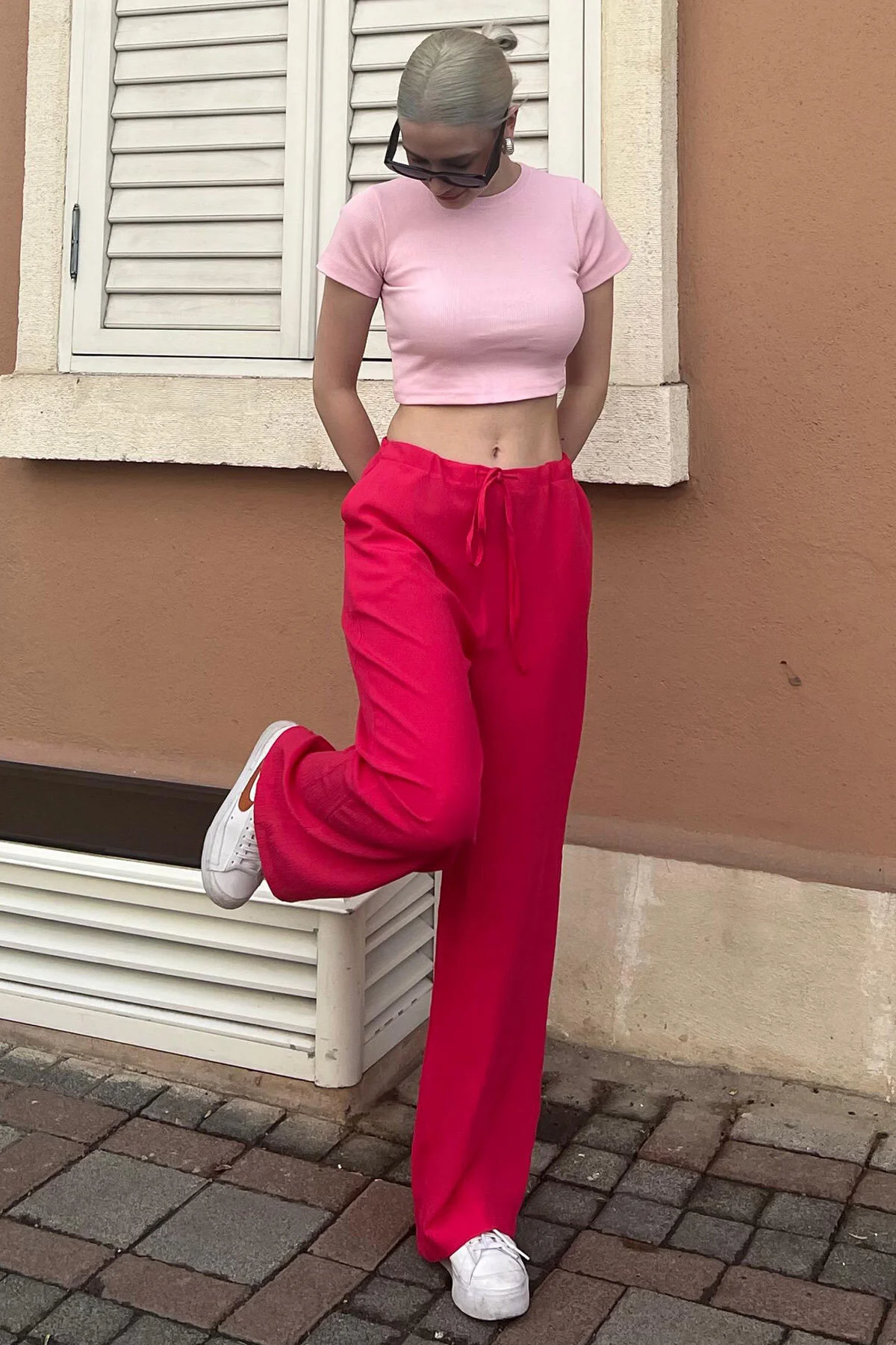 Bild von Madmext Fuchsia Crinkle Stoff Basic Strandhose Mg1778 für Damen - S