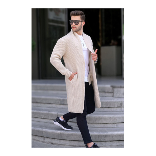 Bild von Madmext Steinfarbener Langer Strick-Cardigan mit Stehkragen und Taschen für Herren - XL