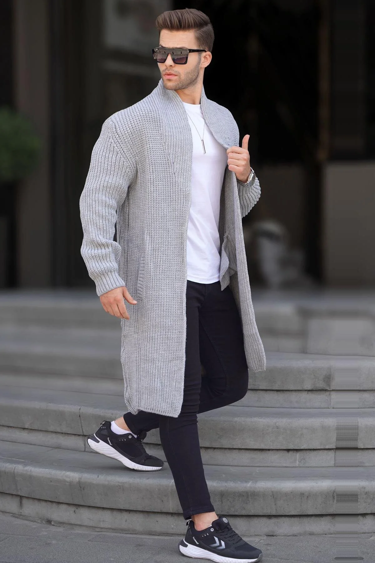 Bild von Madmext Grauer Langer Strickcardigan Mit Stehkragen Und Taschen für Herren - XL
