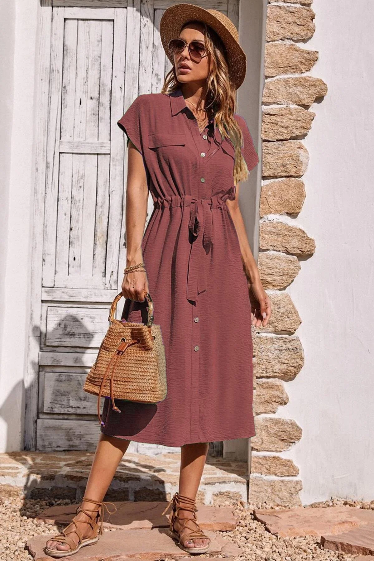 Bild von Madmext Langes Kleid Mit Hemdkragen In Burgunderrot für Damen - M