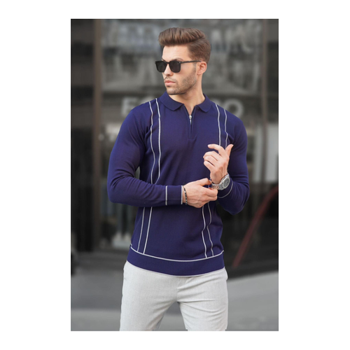 Bild von Madmext Marineblauer Strickpullover mit Polokragen und Reißverschluss für Herren - XL