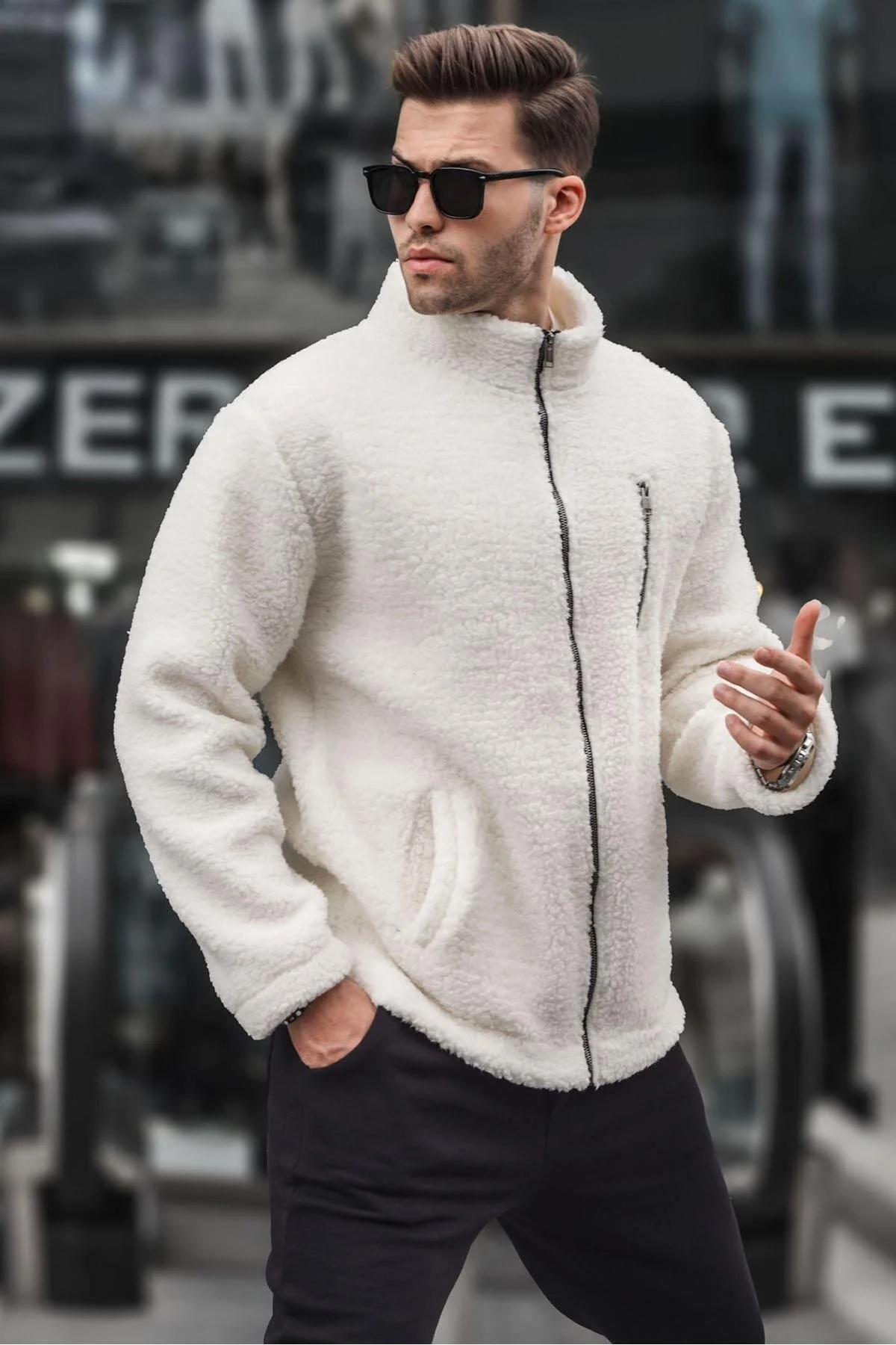 Bild von Madmext Ecrufarbenes Plüsch-sweatshirt Mit Reißverschluss für Herren - XL