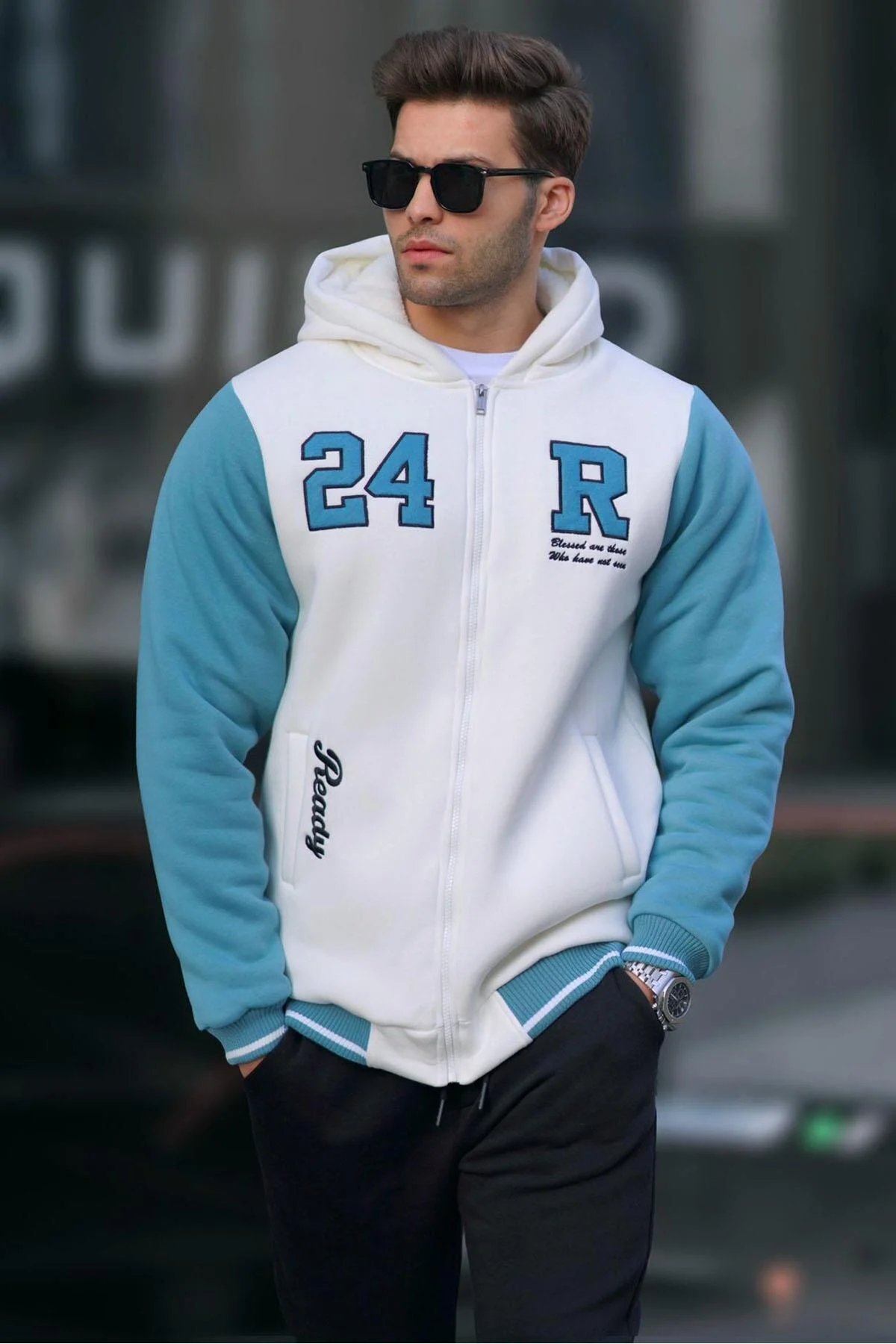 Bild von Madmext Ecru Bedrucktes Sweatshirt Mit Reißverschluss für Herren - S