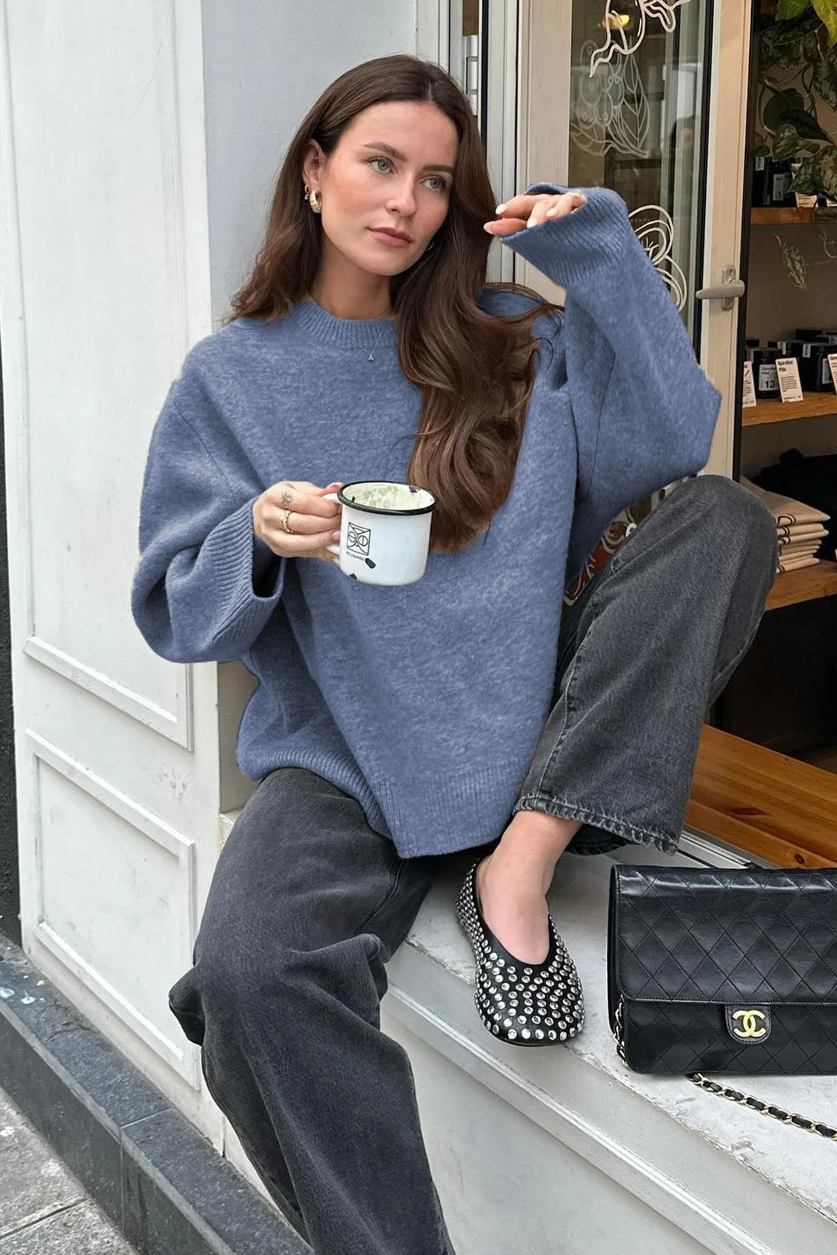 Bild von Madmext Indigofarbener Oversize-strickpullover Mit Rundhalsausschnitt für Damen - M