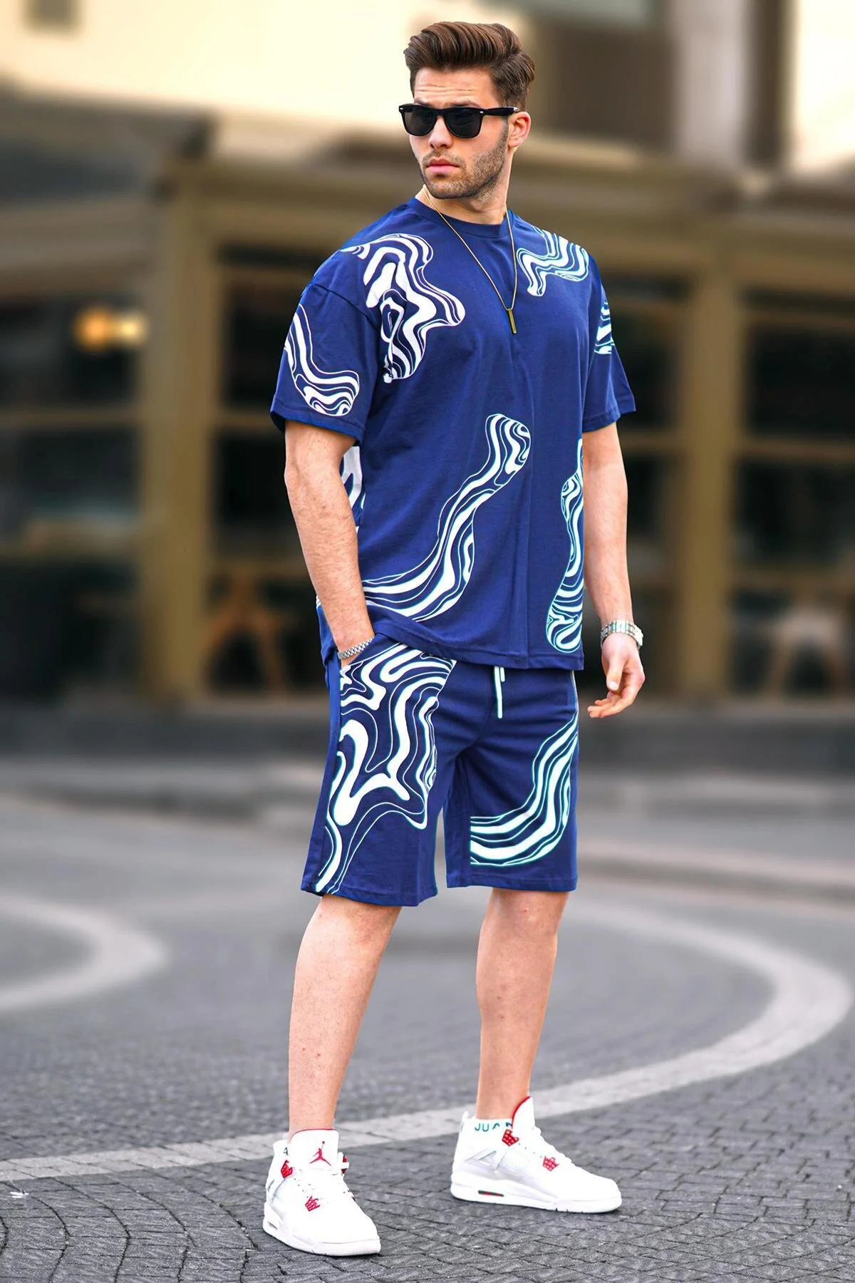 Bild von Madmext Marineblaues Gemustertes Shorts-set für Herren - S