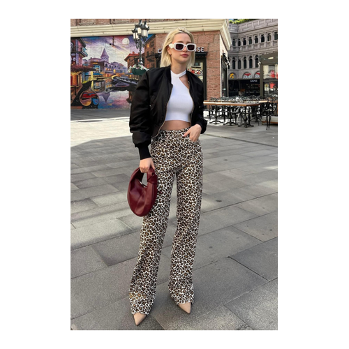 Bild von Madmext Braune Palazzo-Jeanshose mit Leopardenmuster für Damen