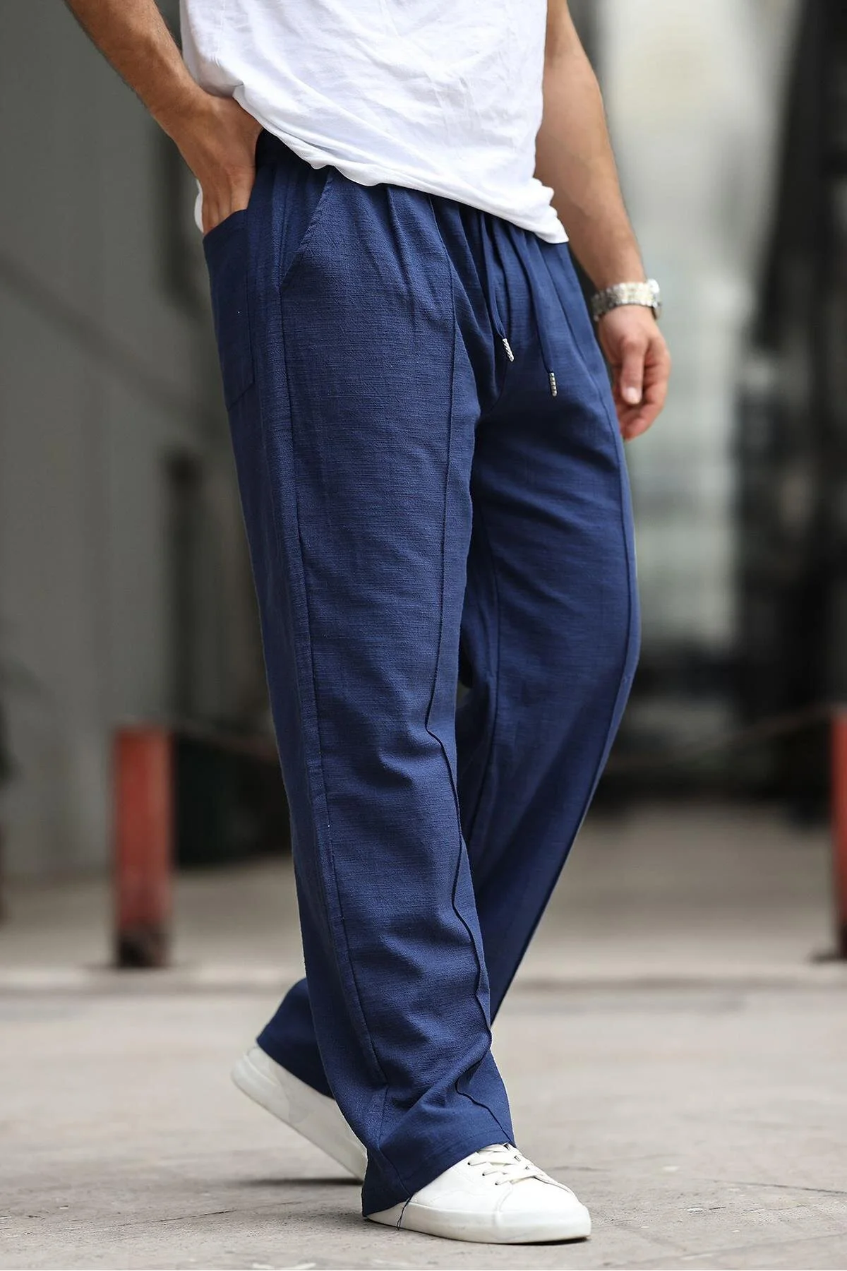 Bild von Madmext Marineblaue Leinenhose Mit Entspanntem Schnitt für Herren - S