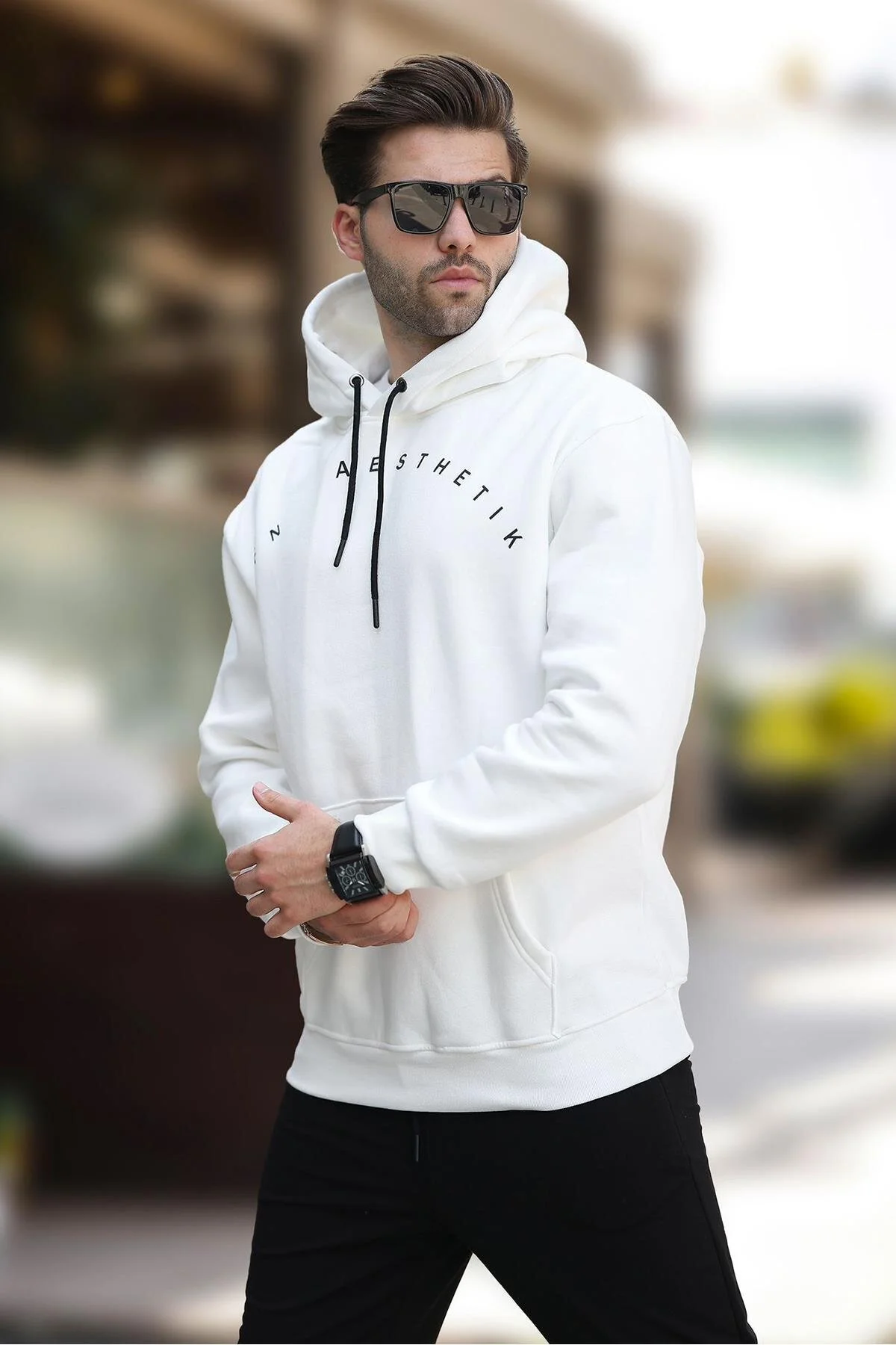 Bild von Madmext Besticktes Ecru-sweatshirt Mit Kapuze Taschendetails für Herren - L