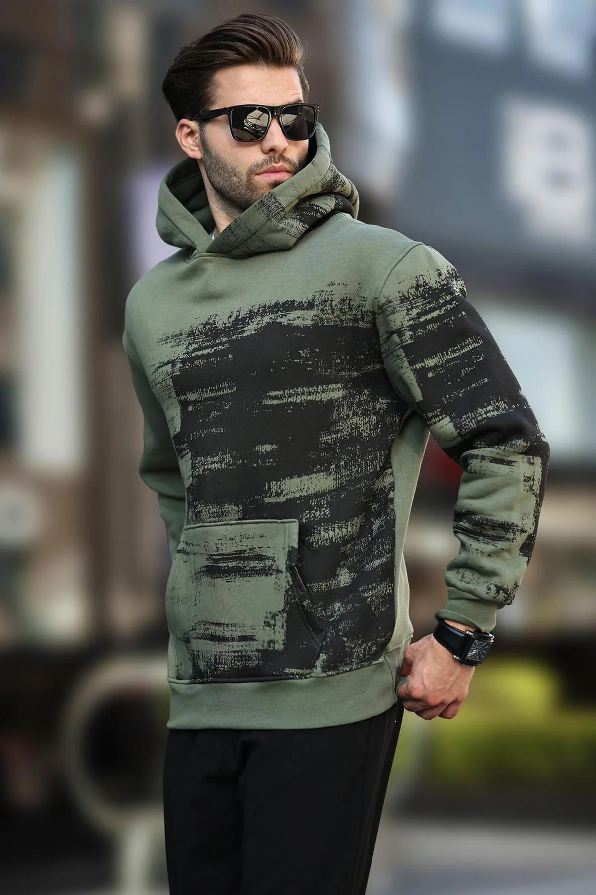 Bild von Madmext Sweatshirt Khaki, Mit Kapuze, Muster Und Taschendetails für Herren - M
