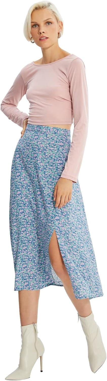 Bild von Trendyol Collection Blauer Midirock Aus Viskose Mit Blumenmuster Und Schlitzdetail für Damen - 36