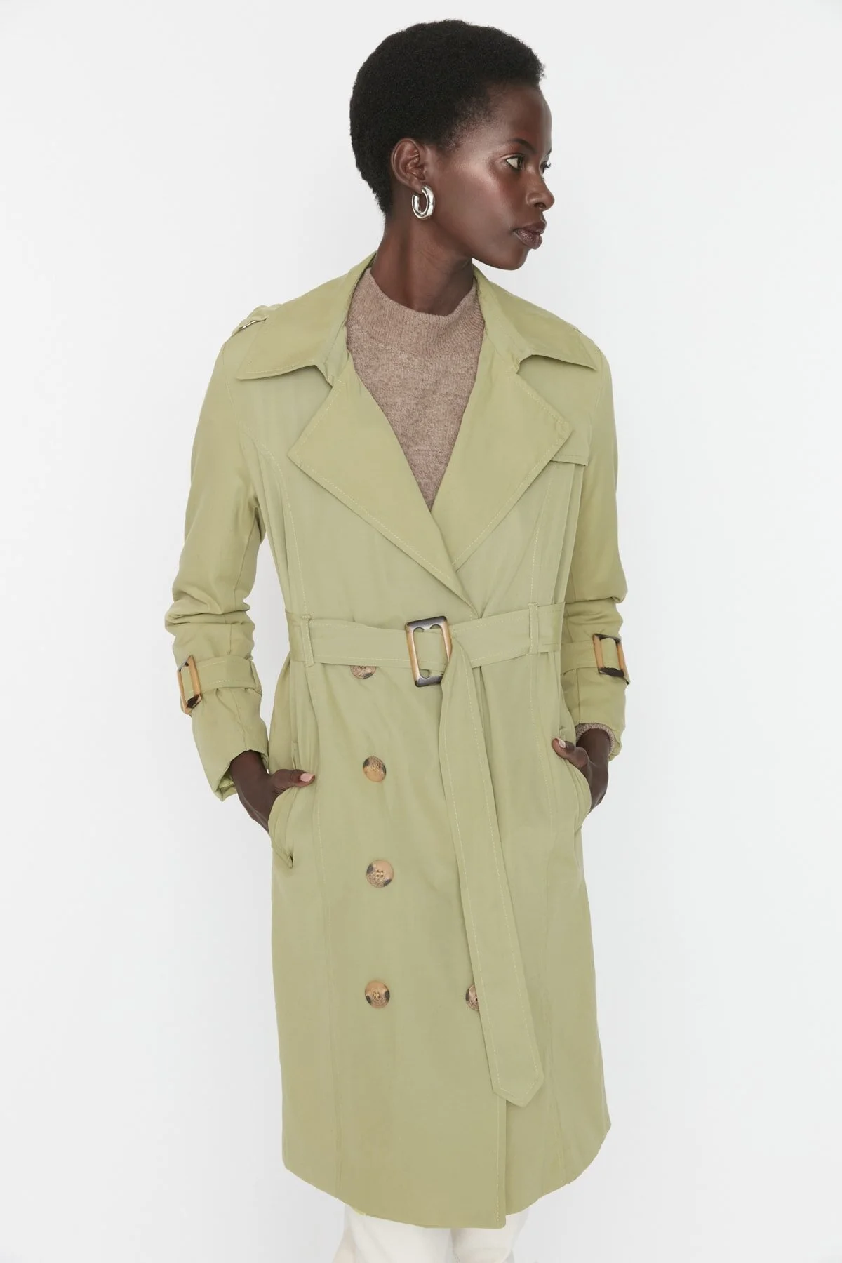 Bild von Trendyol Collection Hellkhakifarbener, Langer Trenchcoat Mit Windjacke Und Gürtel, Detail für Damen - 36