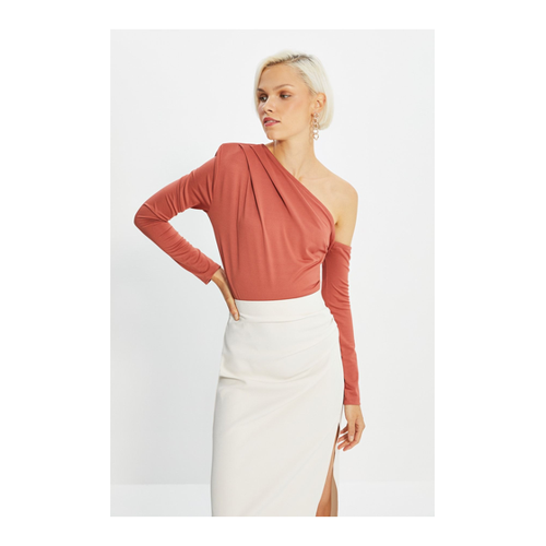 Bild von Trendyol Collection Zimtfarbener, Asymmetrischer Kragen, Langärmliger Stretch-strickbody Mit Druckknöpfen für Damen - S