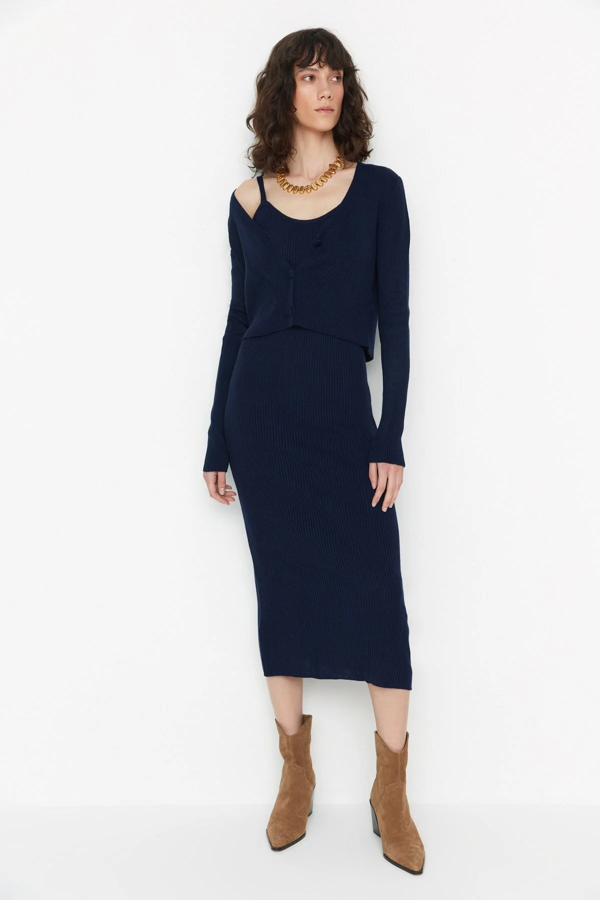 Bild von Trendyol Collection Marineblaues, Tailliertes Midi-strick-cardigan-kleid-set für Damen - M