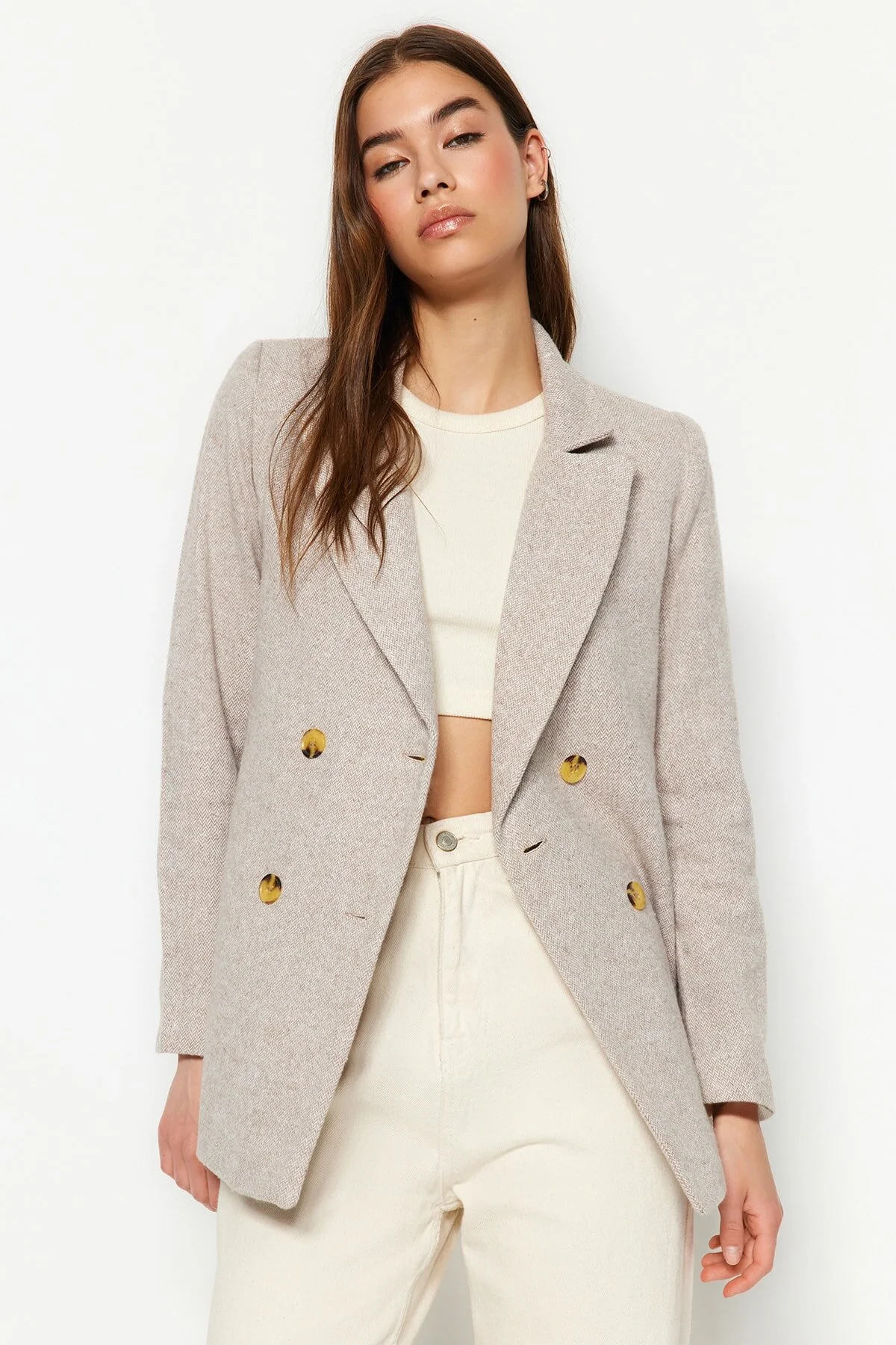 Bild von Trendyol Collection Braune, Gefütterte, Geknöpfte Webjacke für Damen - 34
