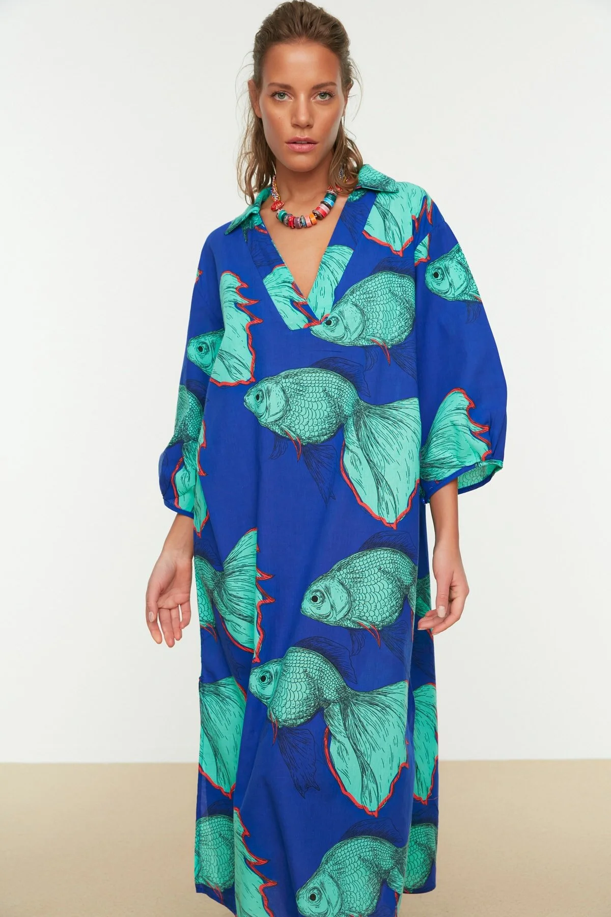Bild von Trendyol Collection Unterwassergemustertes, Weit Geschnittenes Midi-strandkleid Mit Ballonärmeln Aus 100 % Baumwolle für Damen - 42