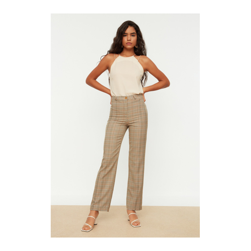 Bild von Trendyol Collection Beige Karierte Hose Mit Geradem Schnitt Und Hoher Taille für Damen - 34