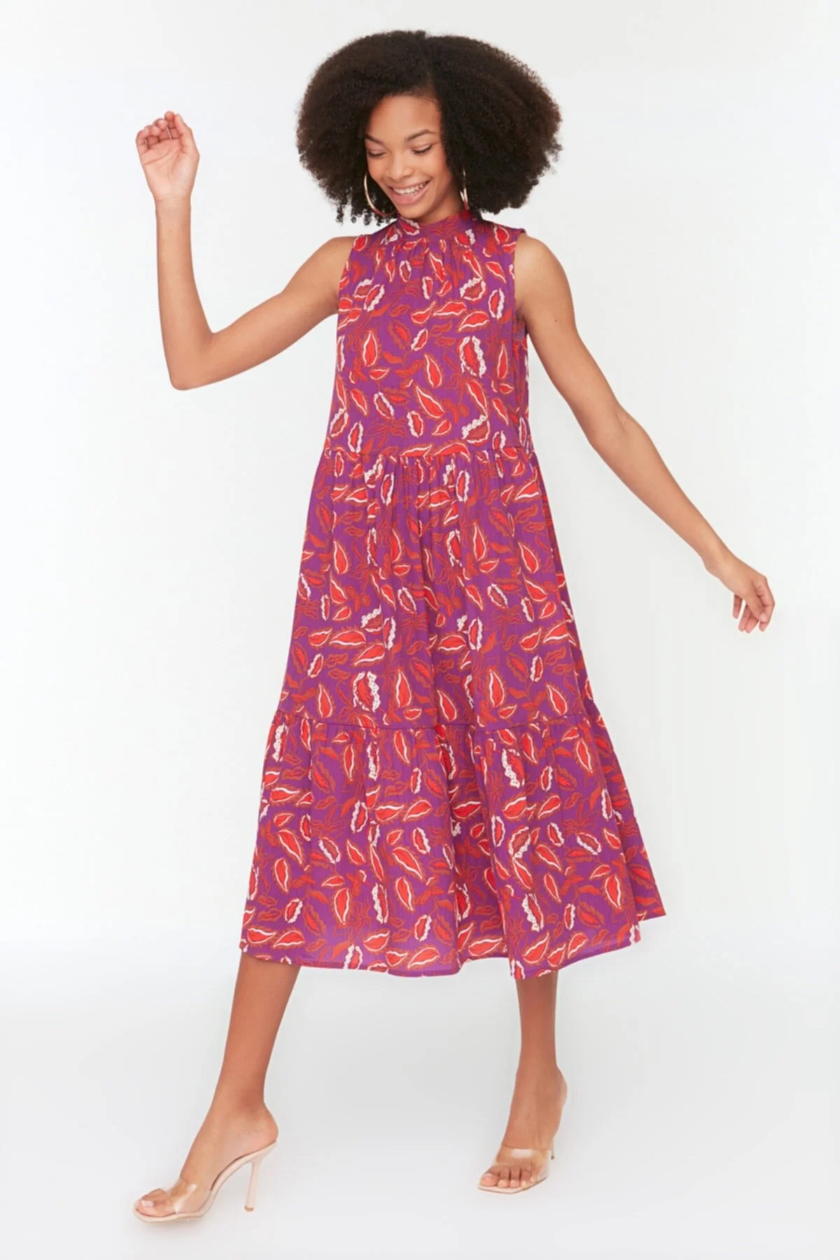 Bild von Trendyol Collection Burgunderrotes, Gerade Geschnittenes Midi-gewebekleid Mit Blumenmuster für Damen - 40