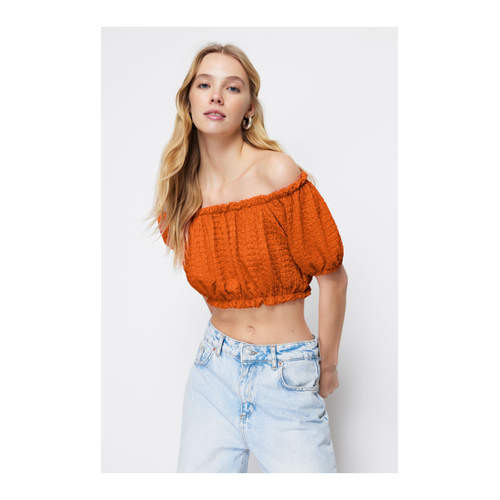 Bild von Trendyol Collection Orangefarbene, Kurz Geschnittene Strickbluse Mit Carmenkragen für Damen - L