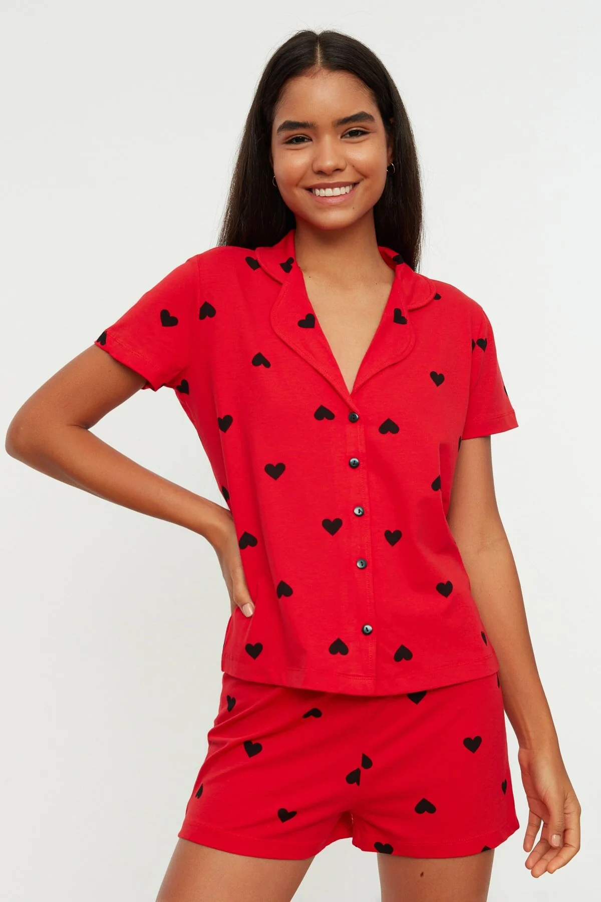 Bild von Trendyol Collection Rotes Pyjama-set Aus Baumwolle Mit Herzmuster - für Damen - XS